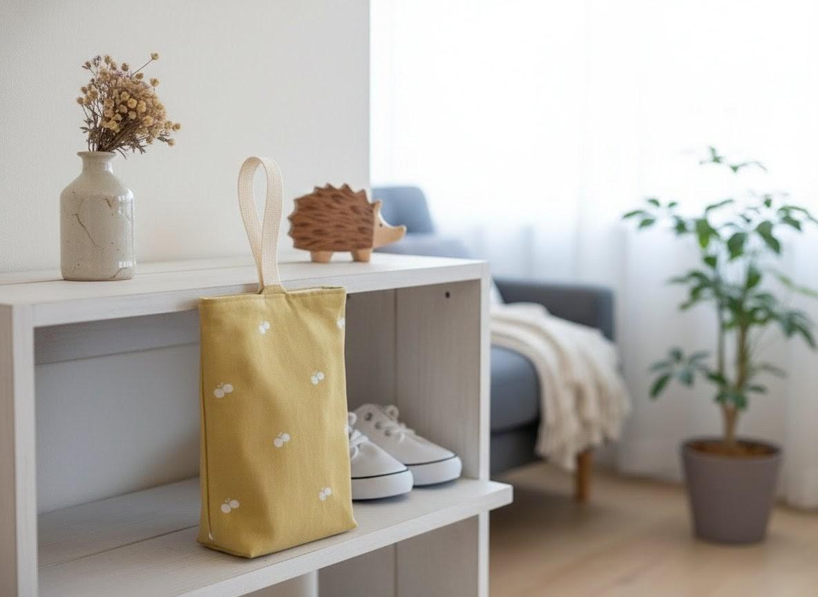 ミモザのような黄色が可愛い ちょうちょ刺繍の上履き入れ　/　名入れワッペン縫い付けサービス