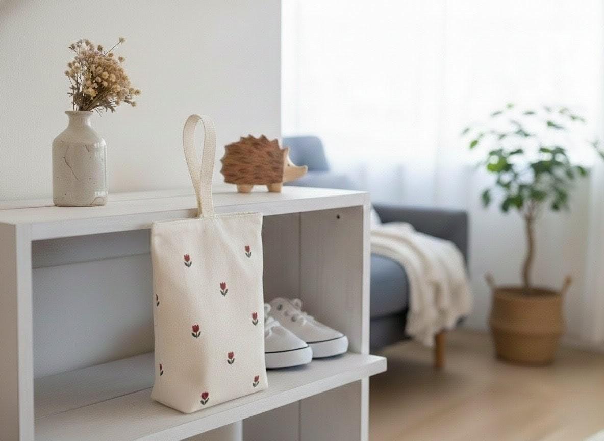 春を彩る赤いチューリップ刺繍 上履き入れ